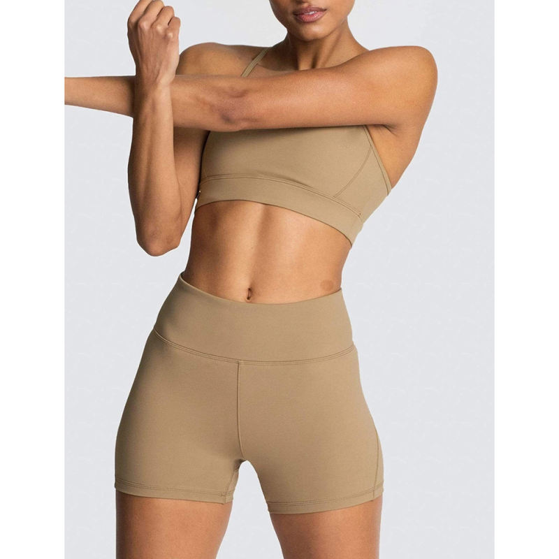 Brown Back Criss Yoga Bra with Shorts Set TQL710038-17