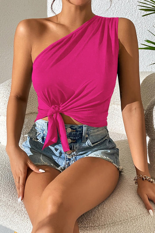 Rose One Shoulder Knotted Sleeveless Top with Asymmetrical Hem LC2568920-6