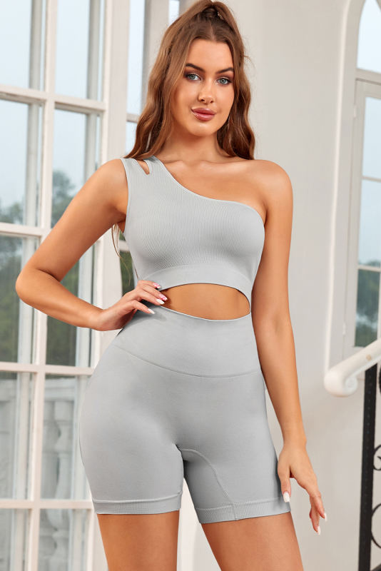 Gray Single Split Shoulder Ribbed Cropped Sports Top LC264429-11