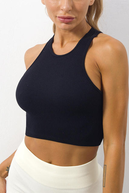 Black Ribbed Knit Cropped Yoga Sports Vest LC264388-2