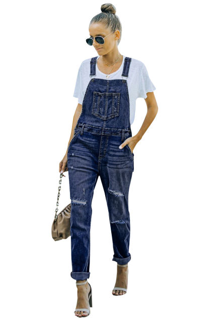 Blue Distressed Bib Denim Overalls LC783879-5