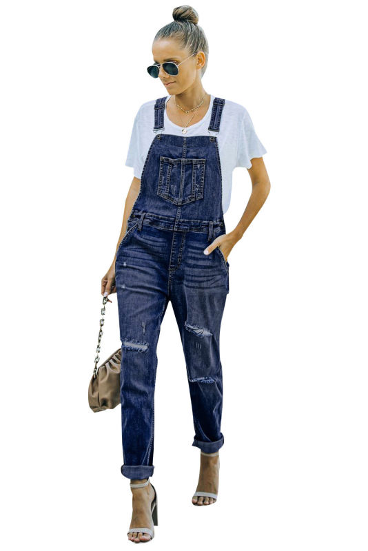 Blue Distressed Bib Denim Overalls LC783879-5