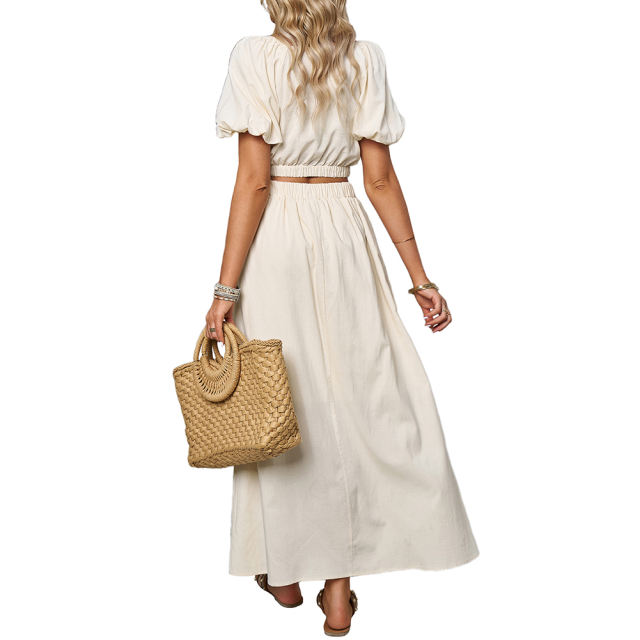 Apricot V Neck Crop Top and Pocket Skirt Set TQX711102-18