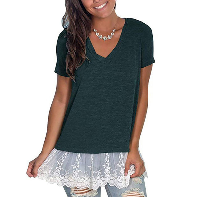 Dark Green V Neck Lace Hem Tunic Tops TQK210090-36
