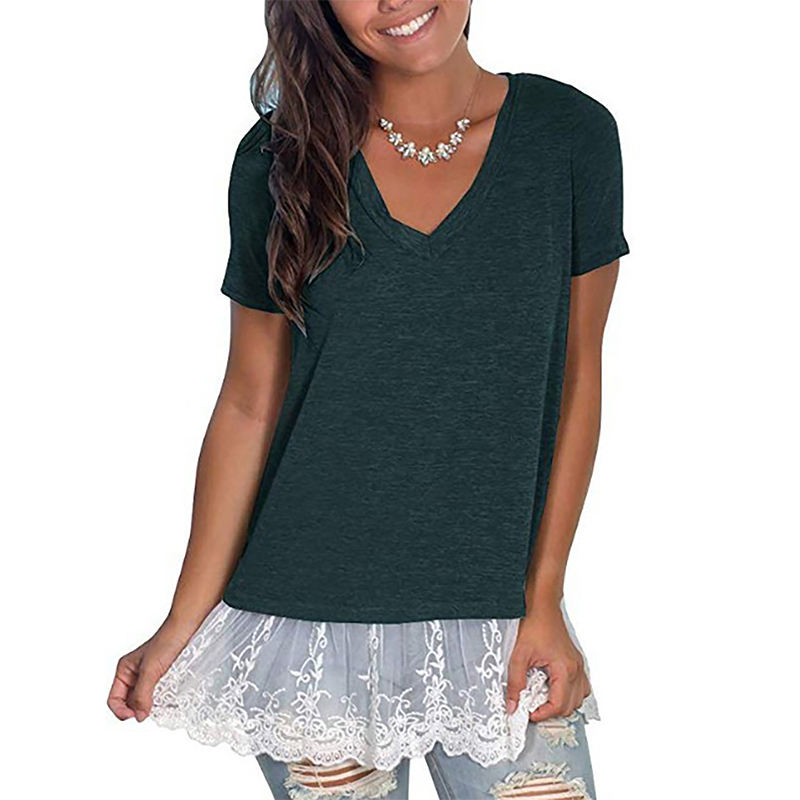 Dark Green V Neck Lace Hem Tunic Tops TQK210090-36
