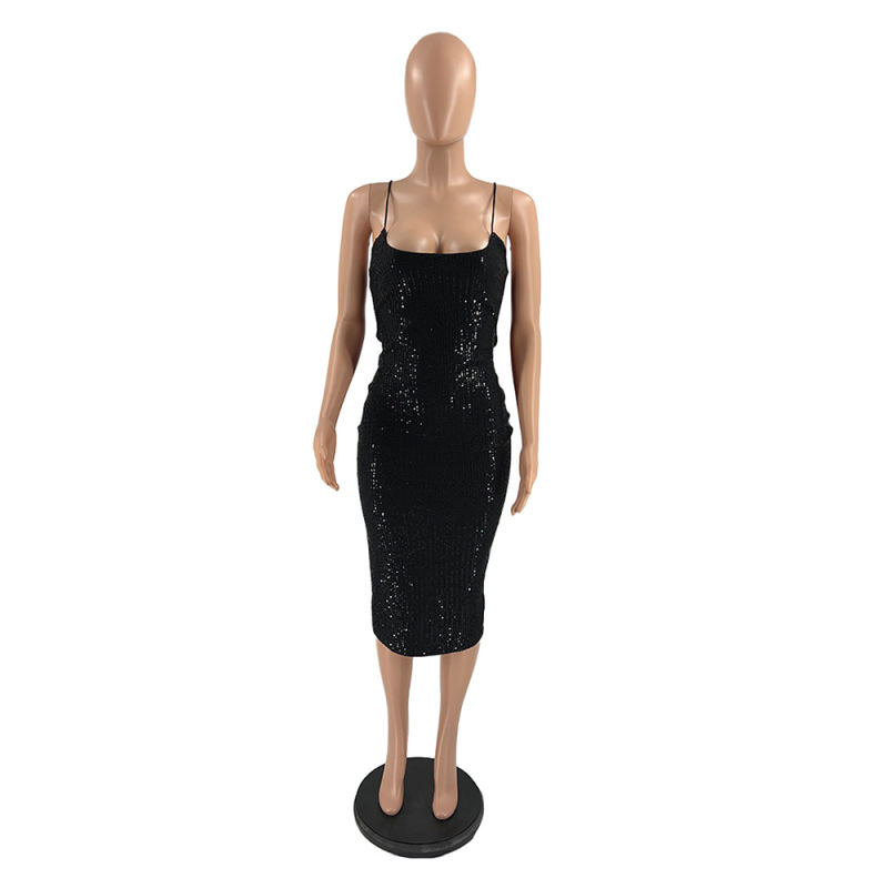 Black Lace-up Back Clubwear Sexy Sequin Dress TQK310959-2