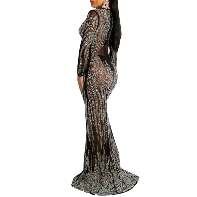 Black Mesh Rhinestone See Through Long Sleeve Maxi Dress TQK311243-2