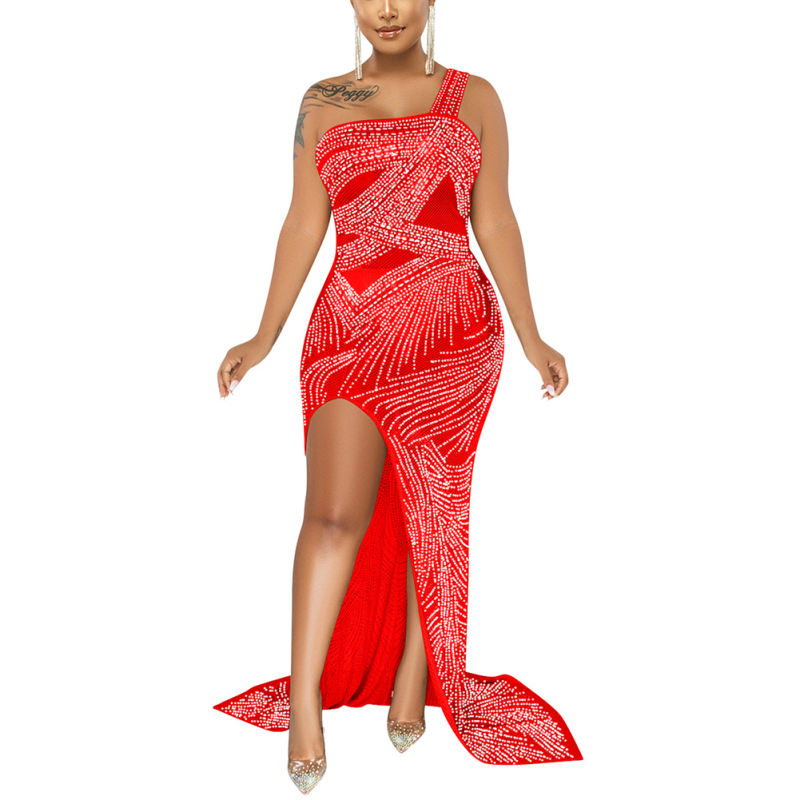 Red Rhinestone High Split Single Sling Dress TQK310857-3