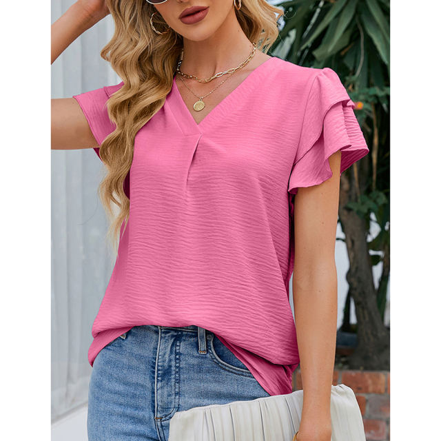 Dark pink Chiffon V-neck Ruffled Short Sleeve Top TQG22001-73