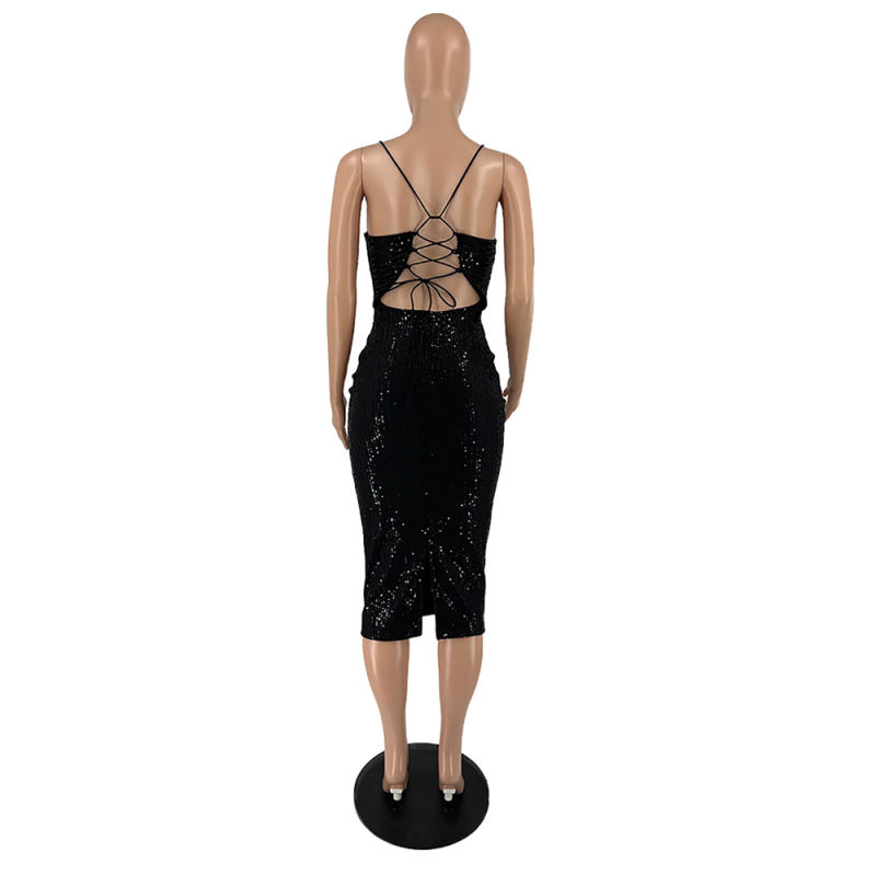Black Lace-up Back Clubwear Sexy Sequin Dress TQK310959-2