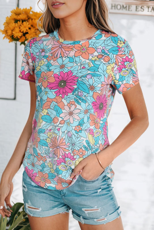 Multicolor Floral Print Asymmetric Hem Short Sleeve Top LC25220722-22