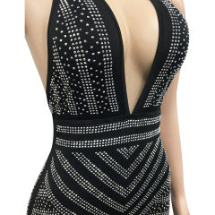 Black Halter V Neck Rhinestone See Through Maxi Dress TQK311240-2
