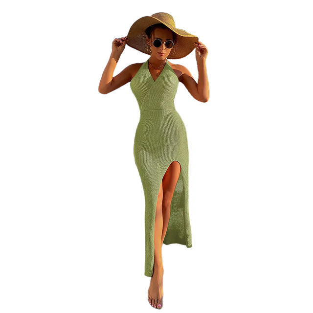 Grass Green Backless High Split Beach Cover Dress TQK650107-61