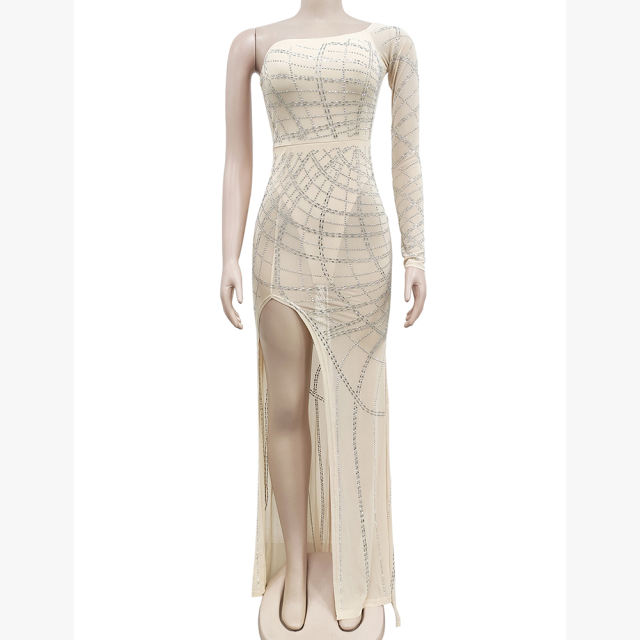 Apricot Off Shoulder Mesh Rhinestone High Split Maxi Dress TQK311550-18