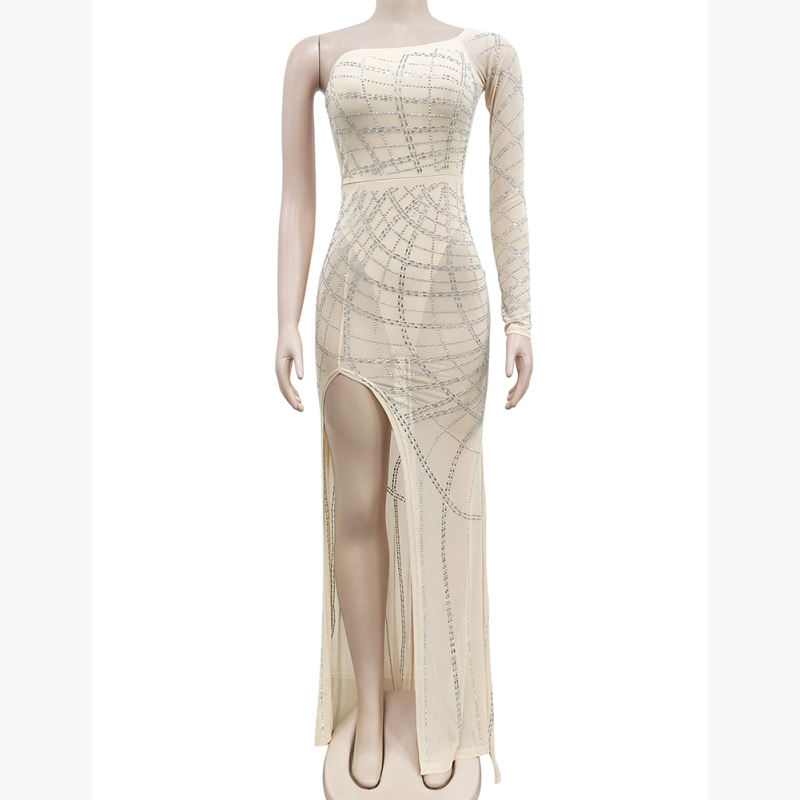 Apricot Off Shoulder Mesh Rhinestone High Split Maxi Dress TQK311550-18