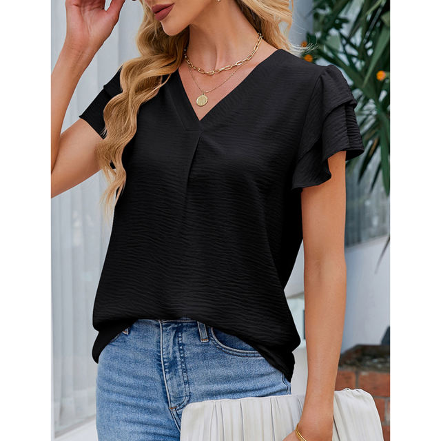 Black Chiffon V-neck Ruffled Short Sleeve Top TQG22001-2