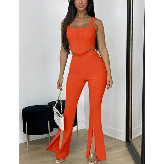 Orange Sleeveless Crop Top with Split Pant Set TQG71001-14