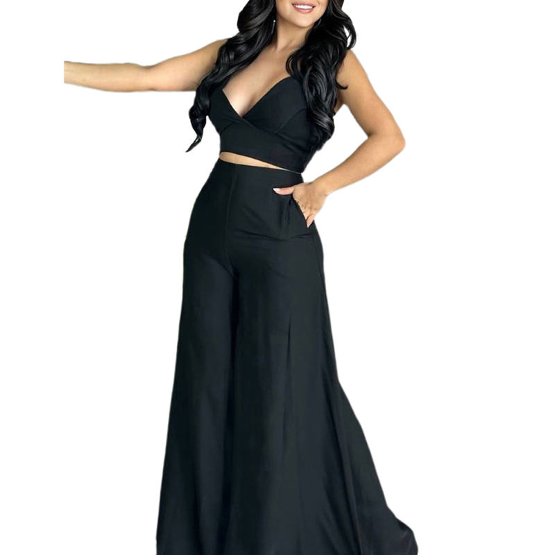 Black Sling Tank And  Wide Leg Pant Set TQX711098-2