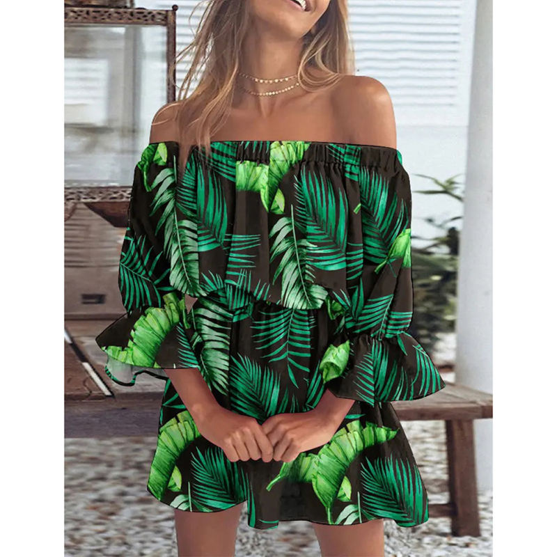 Green Ruffle Cuffs Off Shoulder Boho Dress TQL310065-9