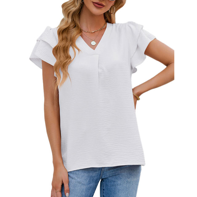 White Chiffon V-neck Ruffled Short Sleeve Top TQG22001-1