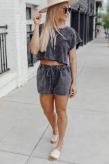 Black Acid Washed Short Lounge Set LC15475-2