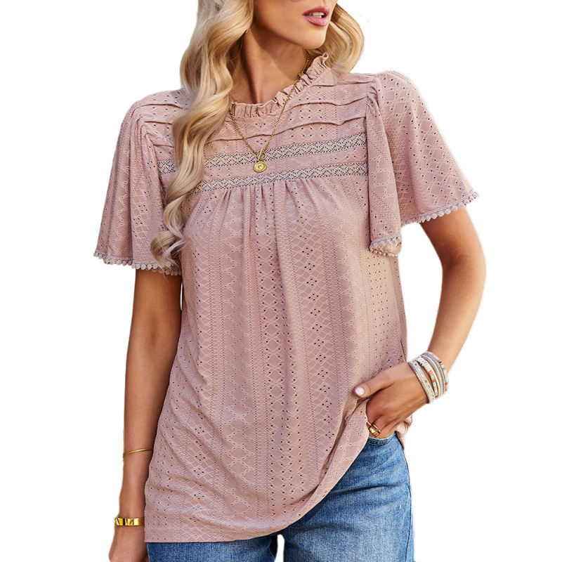 Pink Hollow-out Crew Neck Short Sleeve Top TQX210275-10