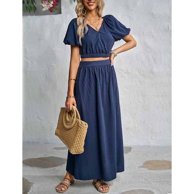 Navy Blue V Neck Crop Top and Pocket Skirt Set TQX711102-34