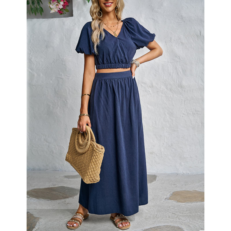 Navy Blue V Neck Crop Top and Pocket Skirt Set TQX711102-34