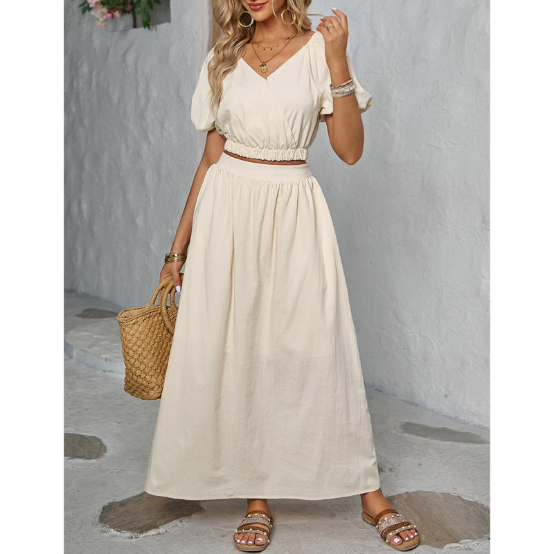 Apricot V Neck Crop Top and Pocket Skirt Set TQX711102-18
