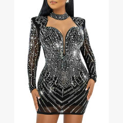 Black Mesh V Neckline Rhinestone Bodycon Dress TQK311548-2