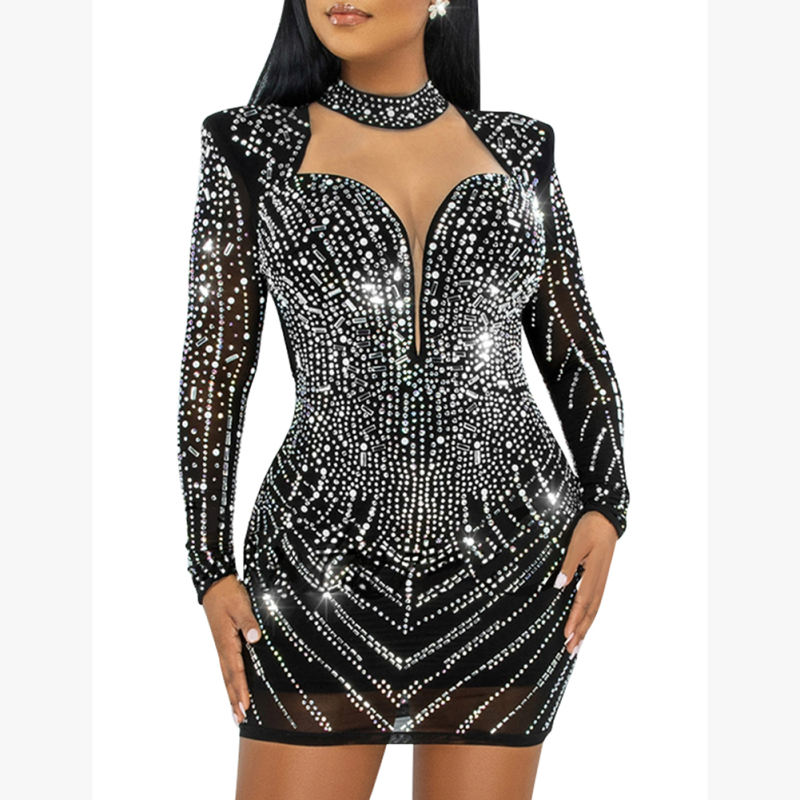 Black Mesh V Neckline Rhinestone Bodycon Dress TQK311548-2