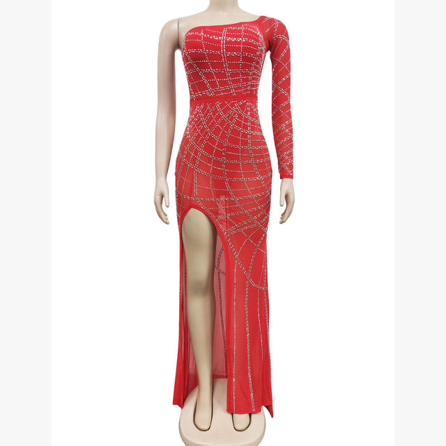Red Off Shoulder Mesh Rhinestone High Split Maxi Dress TQK311550-3