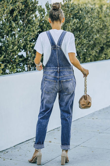 Sky Blue Distressed Bib Denim Overalls LC783879-4