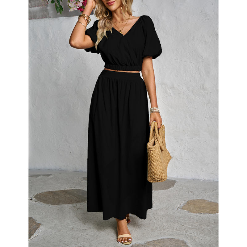 Black V Neck Crop Top and Pocket Skirt Set TQX711102-2