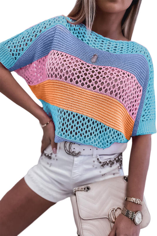 Sky Blue Pink Knitted Eyelet Colorblock Striped Half Sleeves Top LC2722905-4