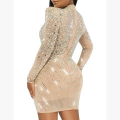 Apricot Mesh V Neckline Rhinestone Bodycon Dress TQK311548-18