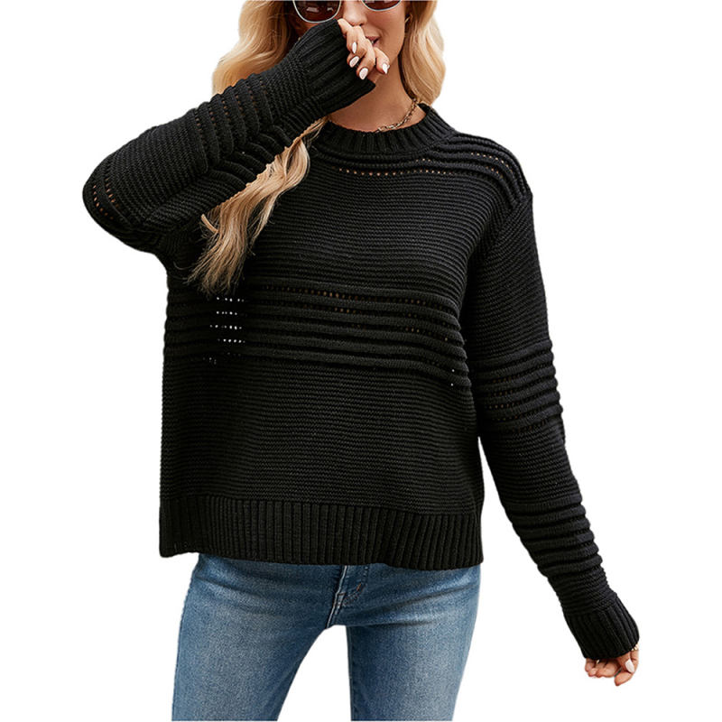 Black Splicing Hollow-out Pullover Knit Sweater TQH270089-2