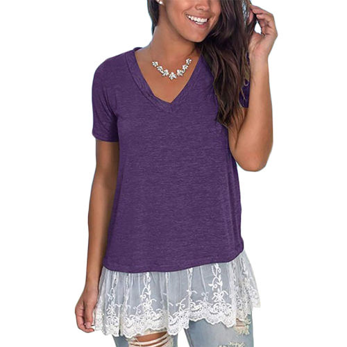 Purple V Neck Lace Hem Tunic Tops TQK210090-8