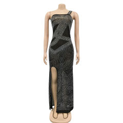 Black Rhinestone High Split Single Sling Dress TQK310857-2