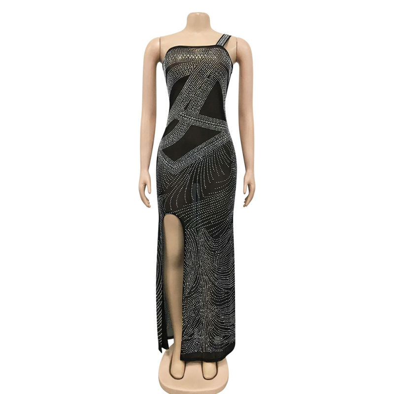 Black Rhinestone High Split Single Sling Dress TQK310857-2