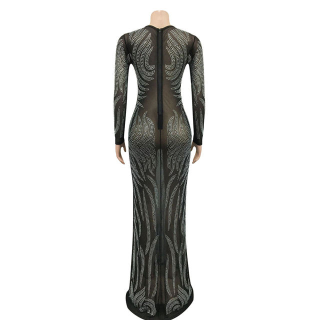 Black Mesh Rhinestone See Through Long Sleeve Maxi Dress TQK311243-2
