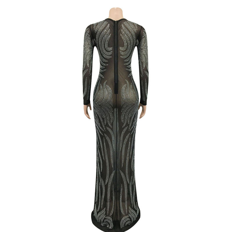 Black Mesh Rhinestone See Through Long Sleeve Maxi Dress TQK311243-2