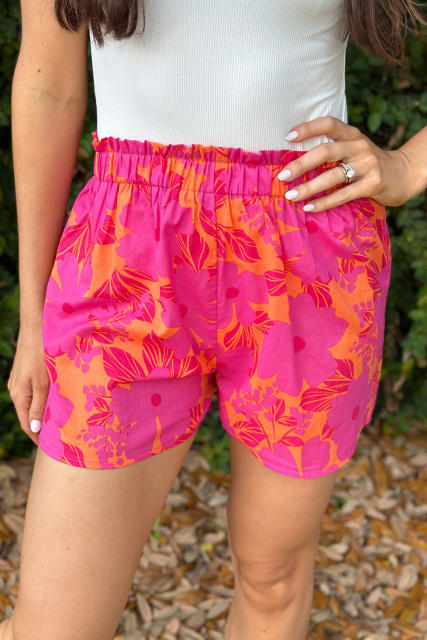 Pink Floral Print Smocked Waist Shorts LC731419-10