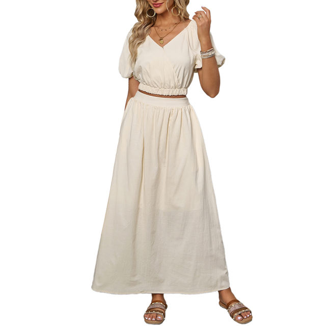 Apricot V Neck Crop Top and Pocket Skirt Set TQX711102-18