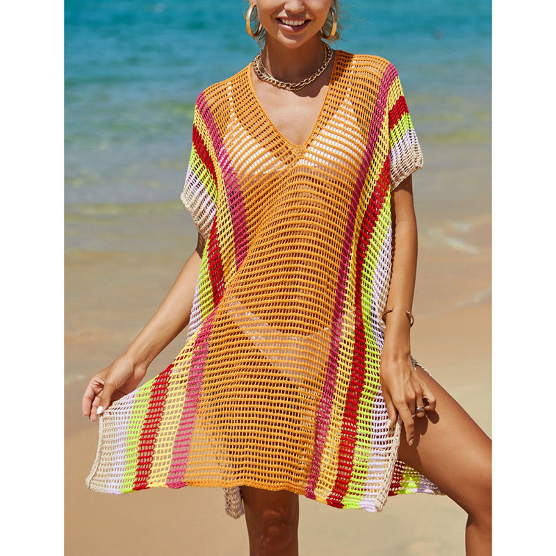 Orange Hollow-out Rainbow Kimono Knit Beachwear TQL310068-14
