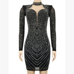 Black Mesh V Neckline Rhinestone Bodycon Dress TQK311548-2