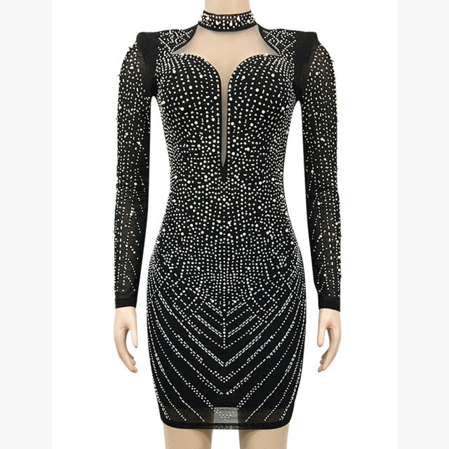 Black Mesh V Neckline Rhinestone Bodycon Dress TQK311548-2