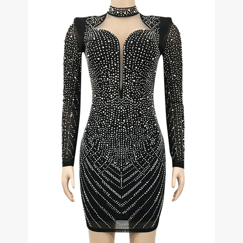 Black Mesh V Neckline Rhinestone Bodycon Dress TQK311548-2