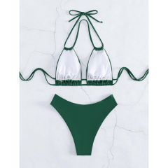 Dark Green Solid Dual Straps Halter Bikini Set TQG610006-36