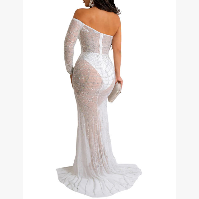 White Off Shoulder Mesh Rhinestone High Split Maxi Dress TQK311550-1